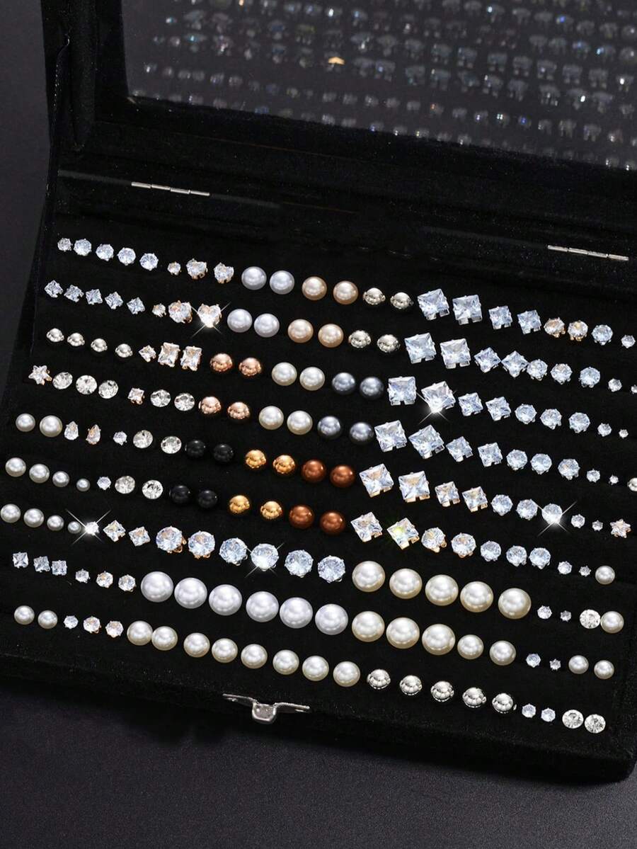 17KM 48颗/114颗/156颗简约时尚立方氧化锆耳钉套装，心形和几何图案，送给姐妹、情侣的礼物，适合日常、派对、婚礼、情人节等场合。