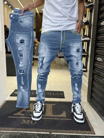 Herr skinny ripped jeans, stretchiga denimbyxor med utsvängda ben, fransad fåll och sneda fickor, avslappnad och mångsidig