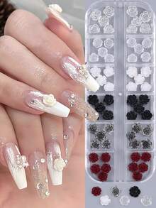12格白色透明3D山茶花美甲装饰品，玫瑰配件，珍珠白，极光白，全息透明红黑玫瑰美甲饰品DIY，优雅婚礼美甲用品 - 彩色 - 查看 1