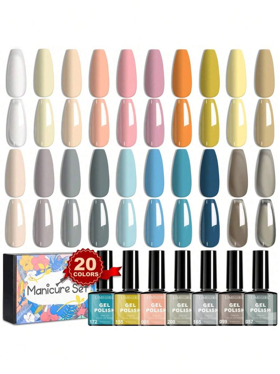 LIMEGIRL 20Pcs Pastel Neutral Gel Nail Polish Set, Spring Summer Macaron Nude UV LED Soak Off Nail Gel Kit For DIY Manicure Nail Art