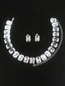 3件套新娘性感方形水钻项链耳环套装，浪漫婚礼派对优雅珠宝配饰，女士 - 銀色 - 查看 2