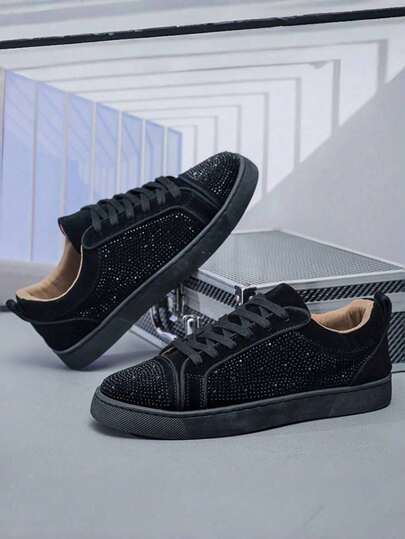 Men's Shoes Sneakers Made Of High-Quality Microfiber Leather, Round Toe, Anti-Slip, Breathable, Soft Sole, Durable, Suitable For Casual, Sports, Running, Stage, Party, All Seasons, European Fashion Brand, Rivet Decor, Glitter Clubwear, Hairstylist Shoes (Random Rhinestone Decor On Uppers)