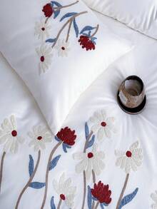 花卉植物刺绣被套套装，白色三件套，包含1个被套和2个枕套，超柔软透气时尚被套