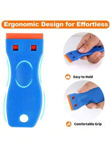 Safety Plastic Cleaning Scraper, Replaceable Blade Tool For Car Window Sticker & Adhesive Removal, Kitchen Stove & Wall Grease Cleaner - Blue + Orange - View 9