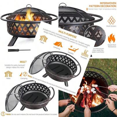 Fire Pit 36in Outdoor Wood Burning Fire Pits Wood Large Fire Bowl For Outside BBQ Bonfire Patio With Mesh Spark Screen Poker And Rain Cover