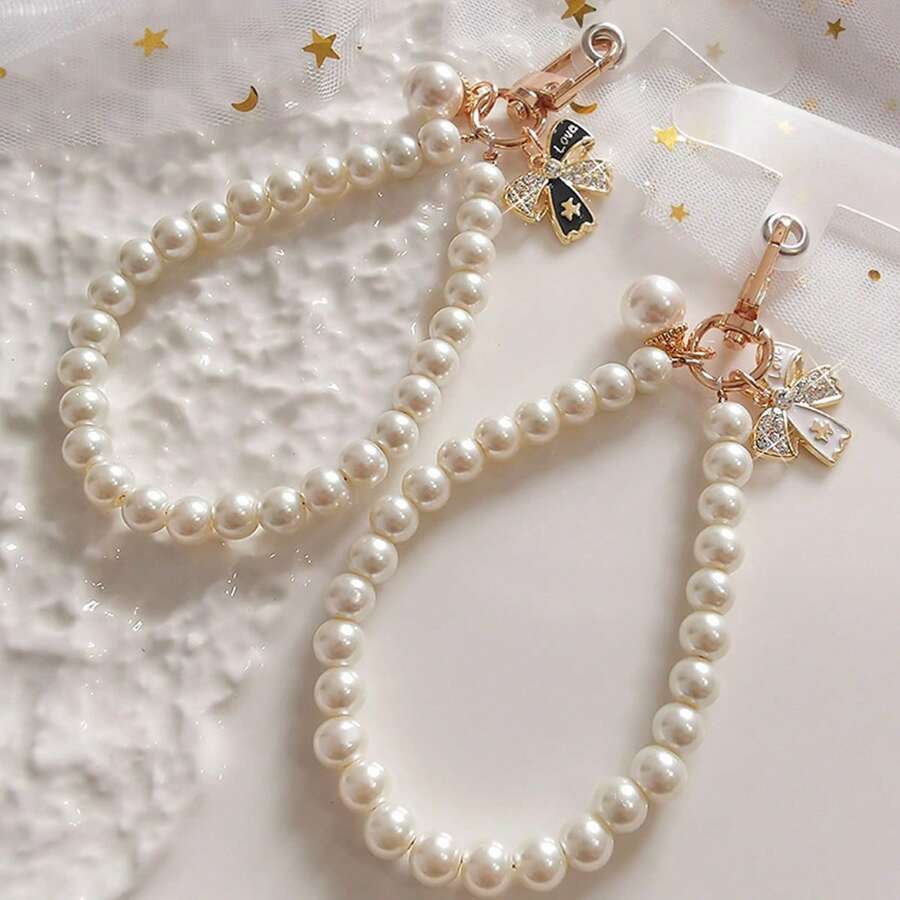 Pearl Decor Phone Lanyard And Wristlet - Elegant Fashion Phone Accessory With Butterfly & Key Chain Pendant - Stylish Beaded Strap, Convenient To Carry And Organize Compatible With Android And Most Smartphone,Gifts For Mother, Family, Friends, Kids, Birthday, Holiday Phone Chain - Multicolor - View 1