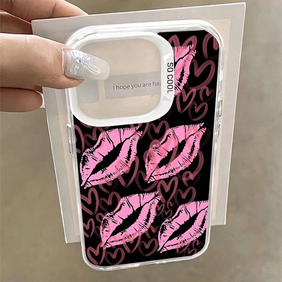 1pcs Pink Kiss Lips Heart Phone Case Compatible With Apple Phone 17ProMax 16 15 14 13 12 11ProMax Pro Xs Max XS X 7plus 8plus Silicone Shock Proof Vintage Girlish Style Cute Fashion Can Be Given To A Lover Can Be Given To Friends - Bạc - Xem 1