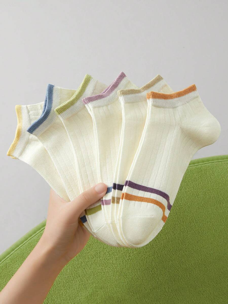 6 Pairs Women's Basic Striped Ankle Socks, White - White - View 1