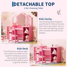 Juego de Mesa y Silla de Cambiador Princesa para niñas con Espejo triplegable, computadora de Cambiador con luz táctil con Almacenamiento y Silla de Respaldo Alto, Convertible a computadora - Rosa - Ver 5