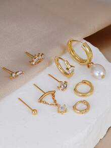 9 pièces Ensemble de boucles d'oreilles vintage élégantes avec zircone et faux perle, boucles d'oreilles multi-couches pour cartilage, convient pour le quotidien, les rendez-vous, les fêtes et le superposage pour les femmes - Or jaune - Voir 3