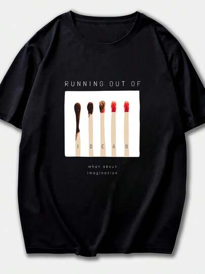 Camiseta de Mujer de Algodón 100% con Estampado de Cerillas "Running Out Of Ideas" - Manga Corta, Cómoda y Transpirable para Estilo Casual, Streetwear y Uso Diario
