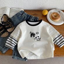Kaos Lengan Panjang 2 in 1 untuk Anak Laki-laki, Model Kasual Musim Semi 2026 Terbaru, Motif Hewan Kecil Blok Warna, Modis, Lucu, dan Serbaguna - Krem - View 3