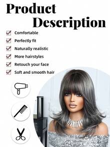 Tóc giả nữ thanh lịch và thời trang, dài 18 inch, màu xám ombre, tóc giả ngắn xoăn tự nhiên có mái, tóc giả tổng hợp chịu nhiệt. Thích hợp cho các lễ hội, du lịch, dạ hội, họp mặt gia đình, diễn viên nhập vai, đám cưới và sử dụng hàng ngày. Đây là món quà lễ hội dành cho các cô gái. - Màu xám ombre - Xem 6