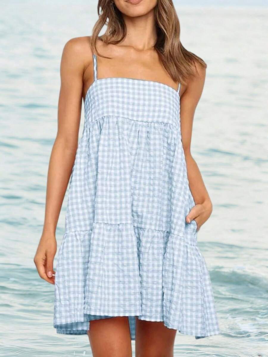 Women's Summer Plaid Mini Dress Spaghetti Strap Sleeveless A-Line Casual Beach Sundress With Pockets - 天藍色 - 查看 1