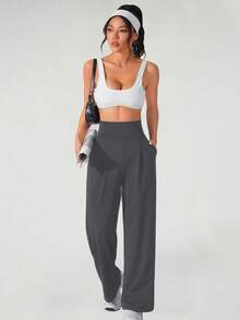 Women's Solid Color High Waisted Pleated Pocket Wide Leg Sports Pants, Comfortable Sports Wide Leg High Waisted Casual Pants, Often Casual In Spring, Autumn, And Winter - Xám - Xem 6