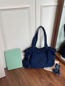 做旧牛仔布面料，复古休闲风格，新款牛仔多功能大容量手提包，女士手提包，立体五角星装饰，可拆卸圆形零钱包带小挂袋，休闲风格，拉链封口，适合日常休闲穿着、上学、轻度通勤、购物、办公、短途旅行和郊游。 - 深色水洗藍 - 查看 10