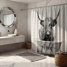 Funny & Cute Highland Cow Pattern Shower Curtain, Creative & Personalized Bathroom Curtain, Waterproof & Mildew-Proof Thick Polyester Material, Wet & Dry Separation Bathroom Divider Curtain, Viral Shower Curtain - Gray - View 7