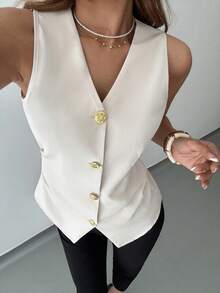 女士金属单排扣V领马甲，适合秋冬夏季穿搭，夏季服装，女士夏季穿搭，夏季度假穿搭，简约通勤马甲，独特金属扣设计，适合办公室穿着 - 杏色 - 查看 5