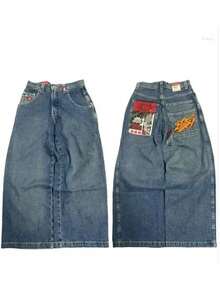 Y2K Street Jeans, Unisex Hip-Hop Style, Retro Blue, Loose High-Waisted Wide-Leg, Letter Print - trắng - Xem 4