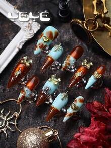 Bộ 10 móng giả nhọn dáng Stiletto cỡ vừa, màu hổ phách, xanh nhạt, kiểu nở hoa, phong cách châu Âu, trang trí 3D hình trái tim vàng, nơ, gấu, sao, phong cách ngọt ngào, phong cách thời trung cổ, móng giả acrylic phủ toàn bộ kiểu Bắc Âu Y2K Chams, bộ dụng cụ làm móng nghệ thuật cho bé gái và phụ nữ kèm 1 dũa móng mini và 1 tờ keo dán, thích hợp cho sử dụng hàng ngày, tiệc tùng, đám cưới, ngày lễ âm nhạc. - Màu nâu  Mocha - Xem 2