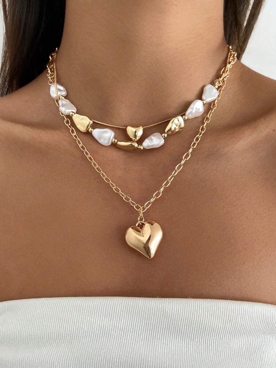 3pcs/Set Bohemian Geometric Asymmetrical CCB Beaded Heart Pendant Necklace, Elegant Luxury Party/Casual/Dating/Travel, Women's Holiday Birthday Versatile Jewelry Gift - Necklace - View 1