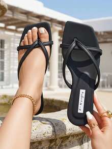 planare Giày sandal mùa hè thời trang mới, kiểu dáng giản dị, mũi vuông, chất liệu PU, hở mũi, thoải mái, nhẹ nhàng, thích hợp đi trong nhà và ngoài trời, nhiều màu sắc dành cho nữ, giày đi biển. - màu đen - Xem 3
