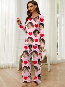 Printstory personalisierter Damen-Pyjama-Set, einzigartiges Großkopf-Foto, Gesichter von Paar austauschbar, Urlaubsstimmung, für die Familie, personalisiertes Geschenk, Jahrestag - Pink - Übersicht 3