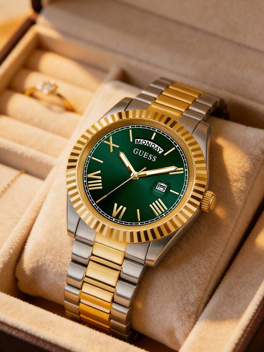 Guess GW0265G8 Classic Elegant Men's Quartz Analog Wrist Watch With Date/Day Display, Green Round Dial, Silver-Gold Stainless Steel Strap, Suitable For Daily Business Wear, Also An Ideal Gift For Men - Green - View 1