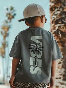 Summer Casual Printed Crew Neck Short Sleeve T-Shirt, Suitable For Boys And Children - Coconut Tree Holiday - Get The Matching T-Shirt For Your Friends Who Are Preparing For An Exploration Trip! Young Boy Graphic T-Shirt, Boys Clothing