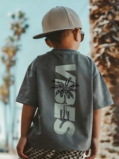 Summer Casual Printed Crew Neck Short Sleeve T-Shirt, Suitable For Boys And Children - Coconut Tree Holiday - Get The Matching T-Shirt For Your Friends Who Are Preparing For An Exploration Trip! Young Boy Graphic T-Shirt, Boys Clothing