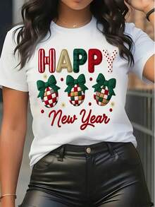 Women's Short Sleeve Happy New Year Graphic Tee Casual Crew Neck T Shirt With Plaid Bow Ornament Print Holiday Christmas Party Top - White - View 1