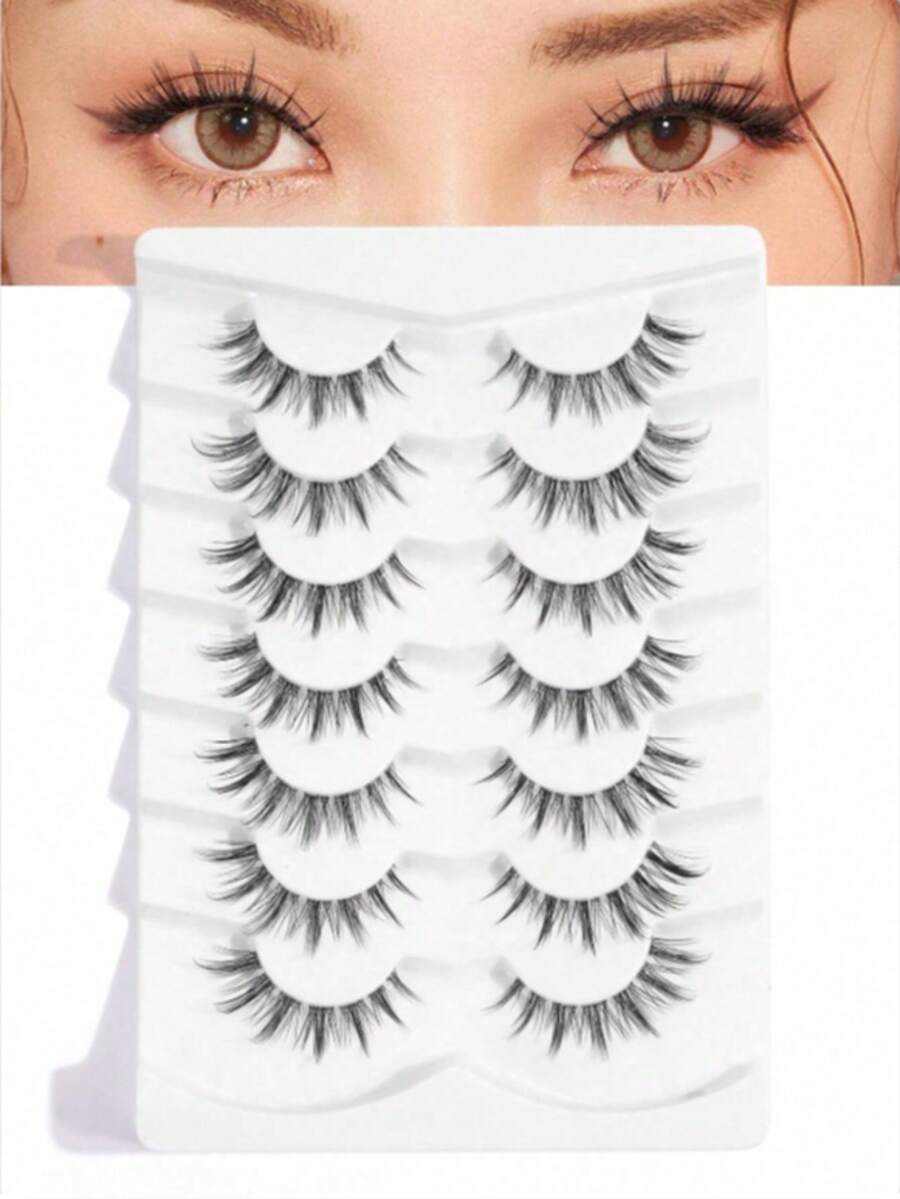 7 Pairs Of Natural Cross-Full Head False Eyelashes, Transparent Lash Stems, Suitable For Daily Wear, Comic Style, Travel Essential - Black - View 1