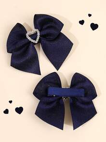 2pcs Navy Blue Hair Bows For Girls Solid Color Hair Bow Clips Ribbon Heart Shape Rhinestone Decor Bow Hair Clips Elegant Fashion Hairpins Simple Bow Barrettes Girls Hair Accessories For Daily Life - 彩色 - 查看 5