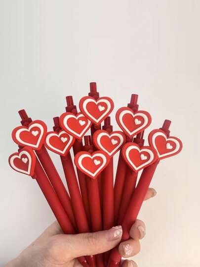 6支创意简约可爱心形按动式圆珠笔，情人节和开学季主题，颜色随机