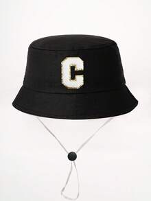 1顶26字母印花儿童渔夫帽+可拆卸防风绳，可调节户外遮阳帽，适合男孩女孩，春秋季旅行、海滩、度假 - 黑色 - 查看 18