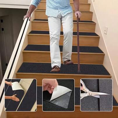 1pc 39.37in/1m Stair Tread Mat, Solid Wood Tread, Self-Adhesive Non-Slip Mat, Suitable For Concrete And Iron Spiral Stairs, Carpet Treads, 20x100cm