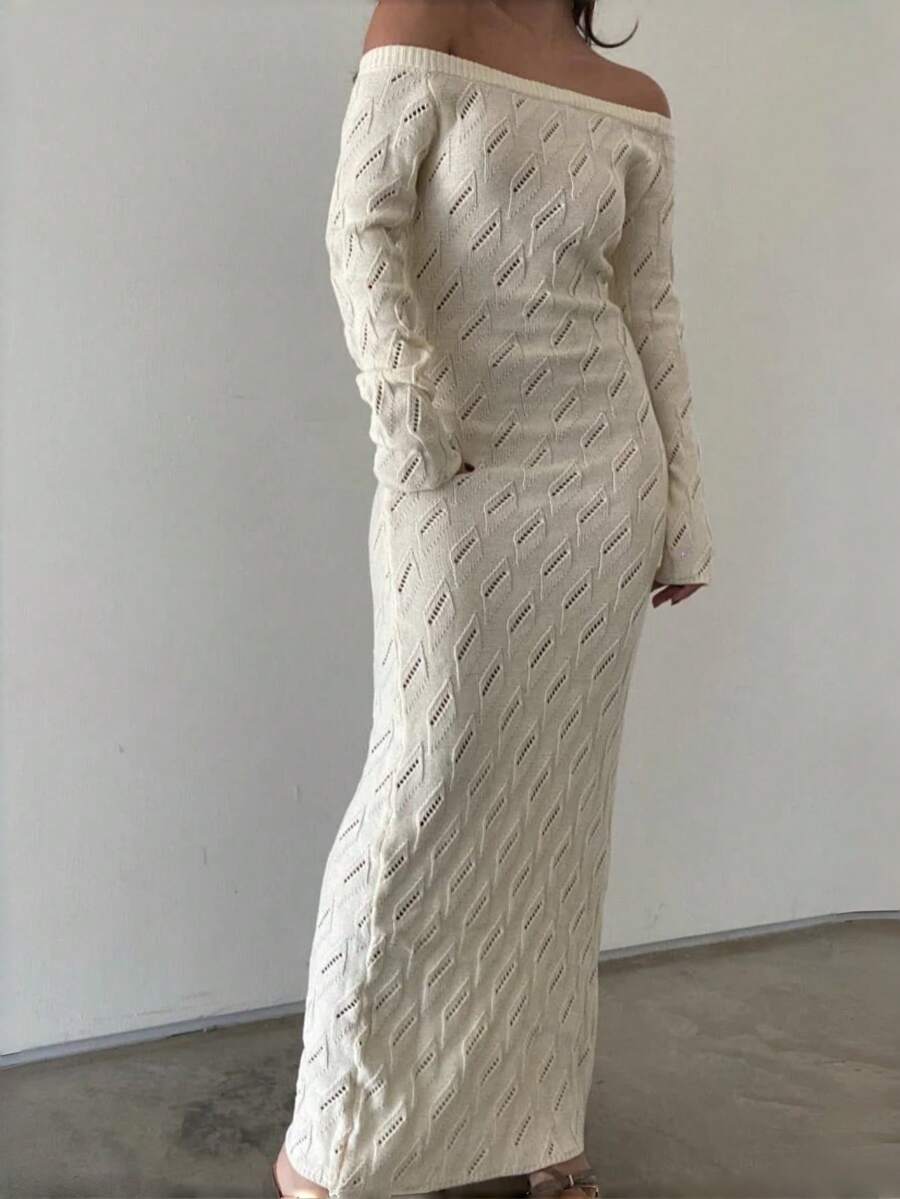 Women's Sexy Off-Shoulder Hollow Out Knit Bodycon Dress, Summer Dress, Women's Summer Dress, Summer Outfit, Summer Holiday Outfit, Women's Casual Dress, Casual Dress - Apricot - View 1