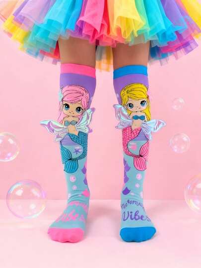 1 par flickstrumpor som går över knäna - tecknad sjöjungfruprinsessa, 3D-vingar och stjärnor, galna strumpor, barnstrumpor, roliga strumpor, barnstrumpor, lämpliga för användning året runt. Perfekt för barnkalas, utklädningsevenemang, utomhusaktiviteter, semestrar, hemmaloung, vardagskläder och julklappar.