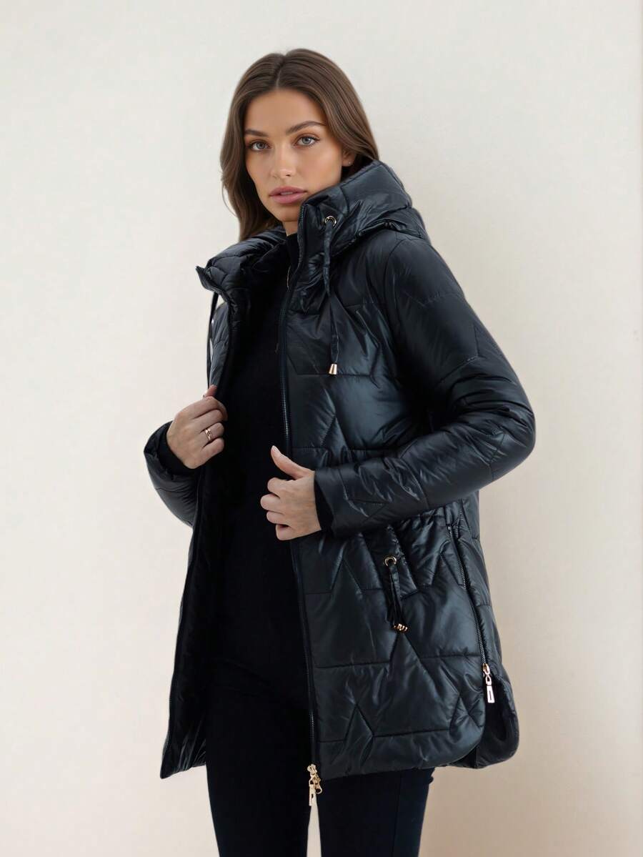 Mid-Length Glossy Down Jacket - Drawstring Hooded Collar With Metal Details | Warm For Autumn/Winter: Suitable For Daily Wear And Commuting - Black - View 1