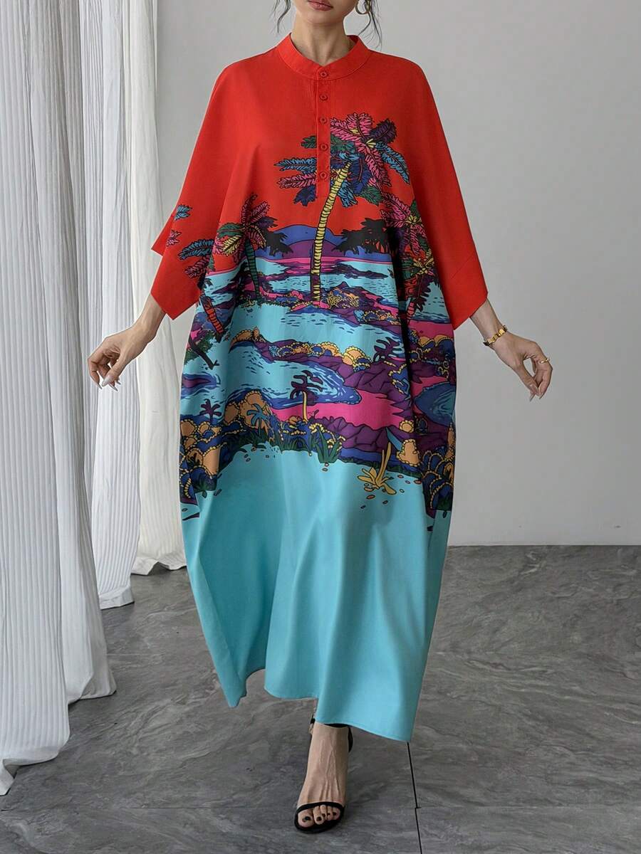 1pc Women's Oversized Colorblock Printed Robe, Mandarin Collar Single-Breasted Raglan Sleeve Casual Long Dress, Elegant Luxury Party Gown, Holiday Gift For Mom, Daughter, Friend Red - Red - View 1