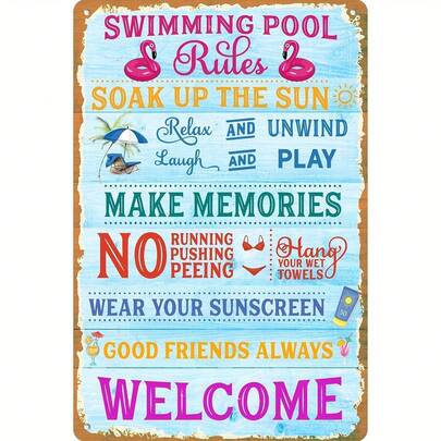 2D Flat 1pc Metal Sign, 8x12 Inch Funny Swimming Pool Rules Sign- Durable Metal Decor For Pool House And Outdoor Area- Humorous Signage For Pool Safety And Fun