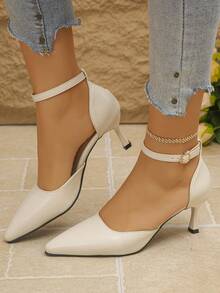 法式尖头绑带高跟鞋，新款细跟镂空高跟鞋，百搭派对优雅白色女鞋 - 米色 - 查看 1