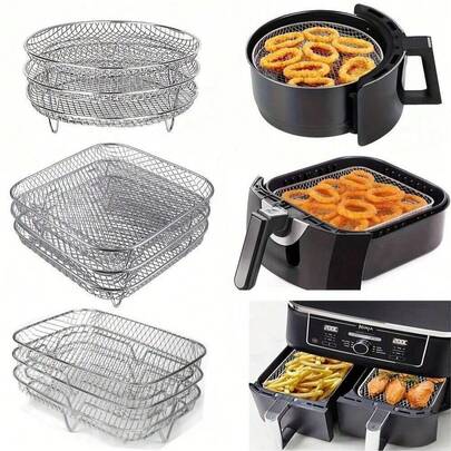 1pc/3pcs/Set Air Fryer Accessories, Multipurpose Air Fryer Accessories, Stackable Air Fryer Rack, Grill Mesh, Stainless Steel Baking Tray, Round/Square/Rectangular Stainless Steel Air Fryer Rack Set - Fit For Oven And Air Fryer, Dishwasher , Perfect For Healthy Holiday Baking - Reusable Stackable Rack, Easy To Clean, Kitchen Gadgets