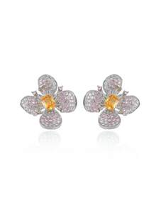 Luxury Floral Jewelry Set, Pink Crystal Petal & Yellow Gemstone Flower Necklace & Earrings, Elegant & Graceful For Formal Events - Multicolor - View 6