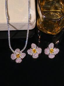 Luxury Floral Jewelry Set, Pink Crystal Petal & Yellow Gemstone Flower Necklace & Earrings, Elegant & Graceful For Formal Events - Multicolor - View 1