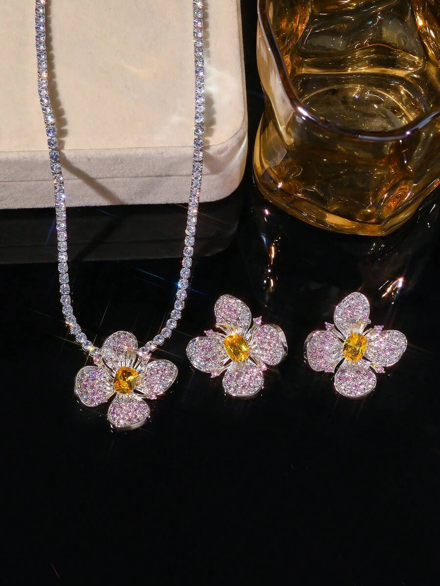 Luxury Floral Jewelry Set, Pink Crystal Petal & Yellow Gemstone Flower Necklace & Earrings, Elegant & Graceful For Formal Events - Multicolor - View 1