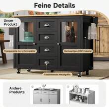 Kitchen Island, Kitchen Cabinet, Sideboard, 120x73(45)X93cm, Extendable Kitchen Trolley With Wheels, Towel Rail, Spice Rack, Adjustable Shelves, Two Doors, Four Drawers, White/Black