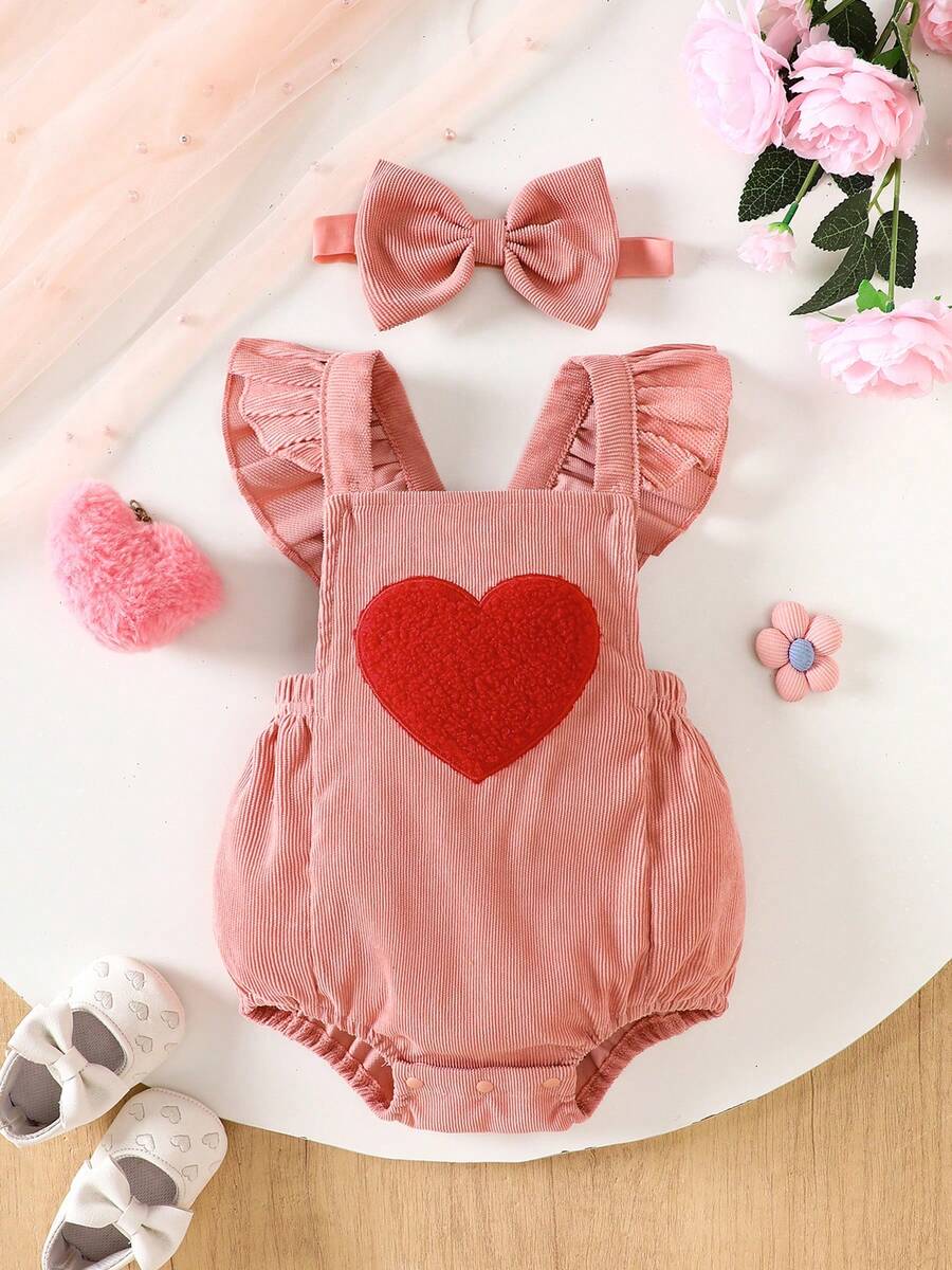 Baby Girls Pink Gift For Little Princess - Heart Bodysuit + Bow Headband, Baby 100 Days/1st Birthday Photography Outfit - Pink - View 1