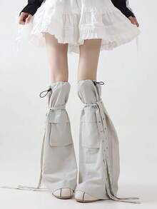 1 双女士户外腿套，抽绳可调节绑带，功能性吊袜带式过膝腿套（适合小腿围最大 38 厘米） - 淺灰色 - 查看 2