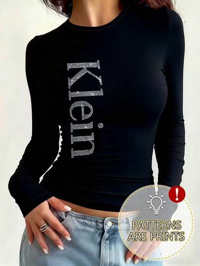 Klein Letter Print Long Sleeve T-Shirt, Fashionable Niche Designer Style Top, Slim Fit, Women's Clothing, Autumn Women's Wear, Elegant Women's Top, Casual Women's Wear, Long Sleeve Top, Autumn Women's Clothing, Long Sleeve T-Shirt